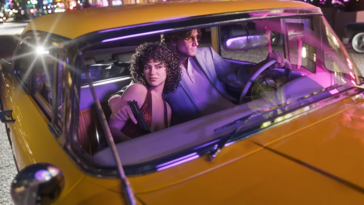Jason Duval, Lucia Caminos and '55 Vapid Stanier in an official GTA VI screenshot