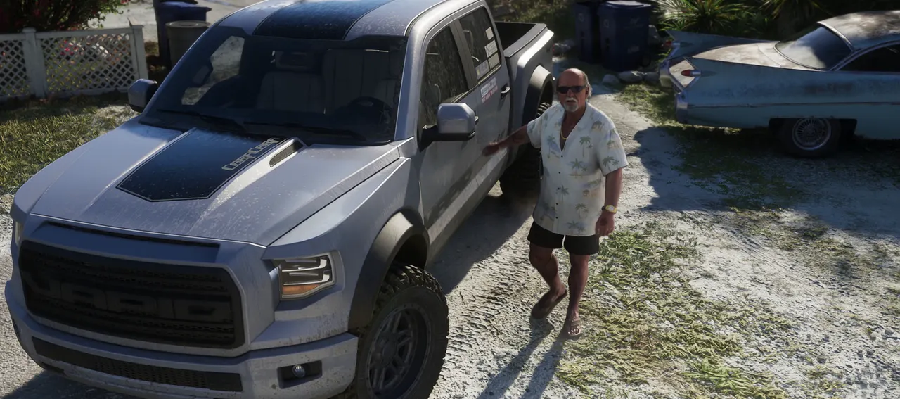 Brian Heder and Vapid Caracara in a frame from Grand Theft Auto VI Trailer 2