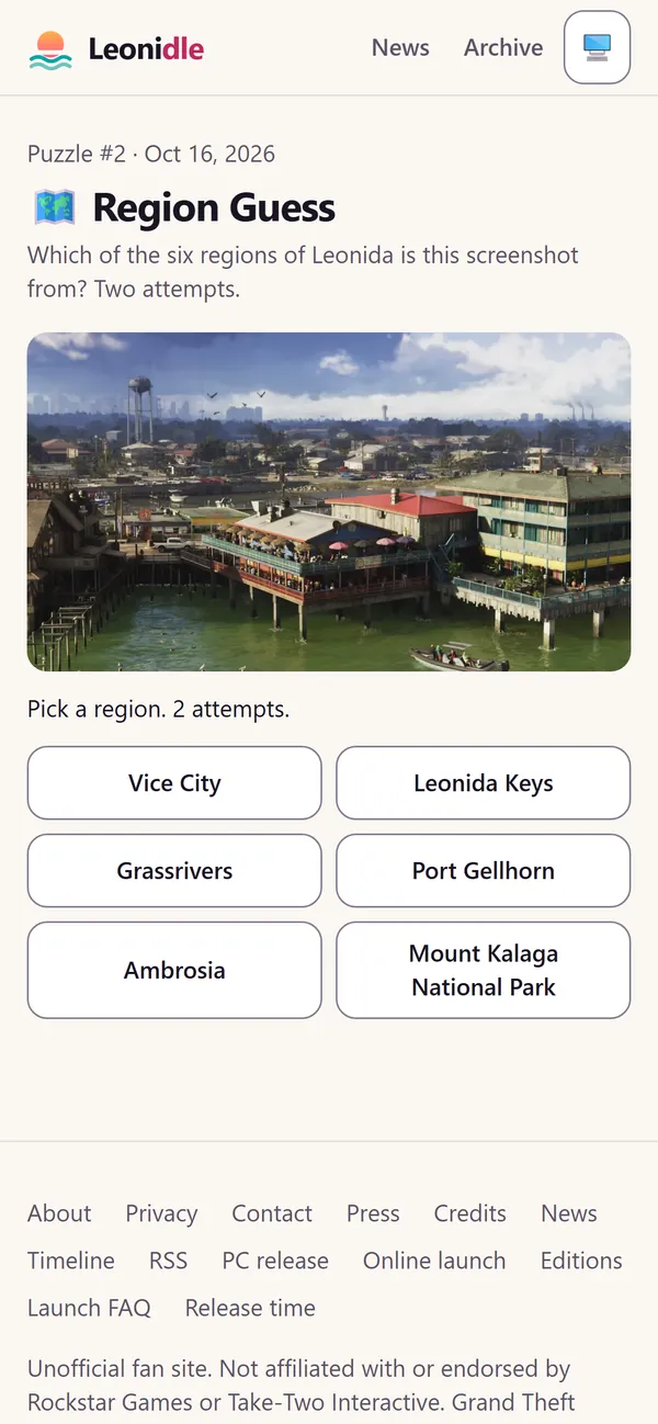 Region Guess on a phone: an image from Rockstar's official GTA VI material with buttons for the six regions of Leonida, before any guess.