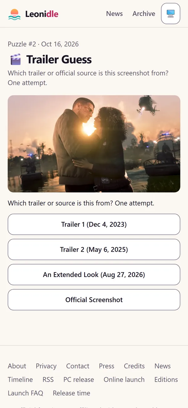 Trailer Guess on a phone: an image from Rockstar's official GTA VI material with the choices Trailer 1, Trailer 2, An Extended Look and Official Screenshot, before any guess.