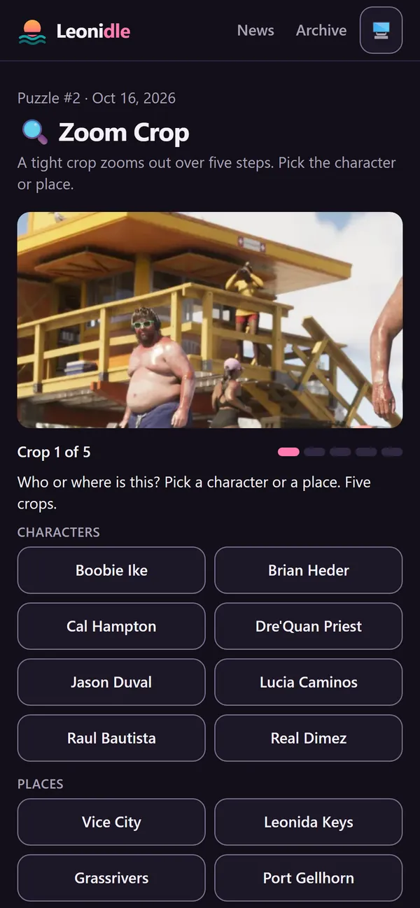 Zoom Crop on a phone in the dark theme: crop 1 of 5 of an official GTA VI image, with character and place buttons below, before any guess.